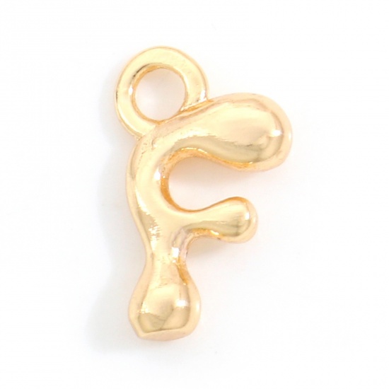 Picture of Brass Charms 18K Real Gold Plated Capital Alphabet/ Letter Message " F " 13.5mm x 8mm, 3 PCs