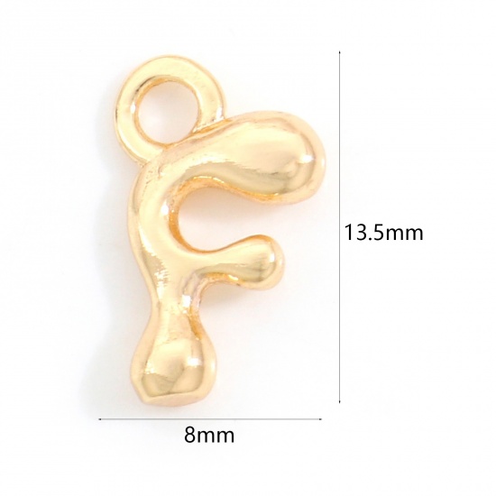 Picture of Brass Charms 18K Real Gold Plated Capital Alphabet/ Letter Message " F " 13.5mm x 8mm, 3 PCs