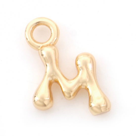 Picture of Brass Charms 18K Real Gold Plated Capital Alphabet/ Letter Message " M " 12mm x 12mm, 3 PCs