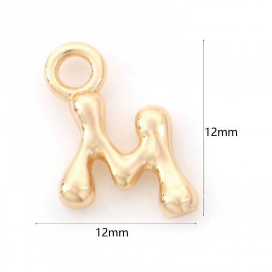 Picture of Brass Charms 18K Real Gold Plated Capital Alphabet/ Letter Message " M " 12mm x 12mm, 3 PCs