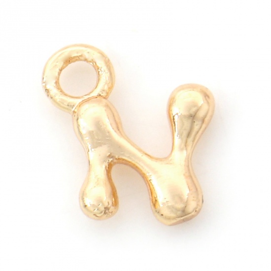 Picture of Brass Charms 18K Real Gold Plated Capital Alphabet/ Letter Message " N " 11mm x 11mm, 3 PCs