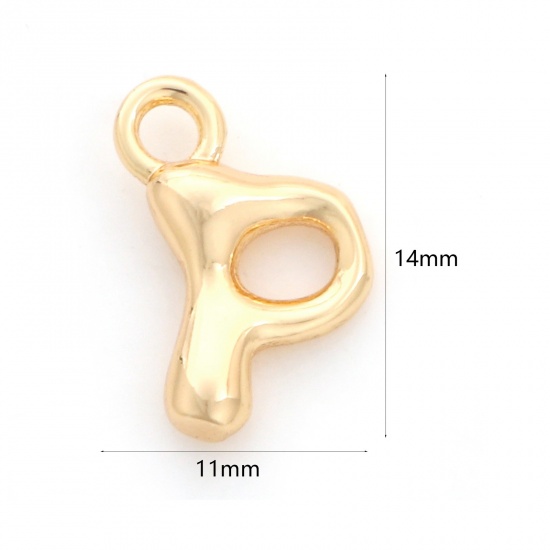 Picture of Brass Charms 18K Real Gold Plated Capital Alphabet/ Letter Message " P " 14mm x 11mm, 3 PCs