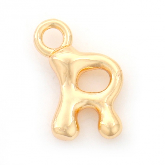 Picture of Brass Charms 18K Real Gold Plated Capital Alphabet/ Letter Message " R " 14mm x 11mm, 3 PCs