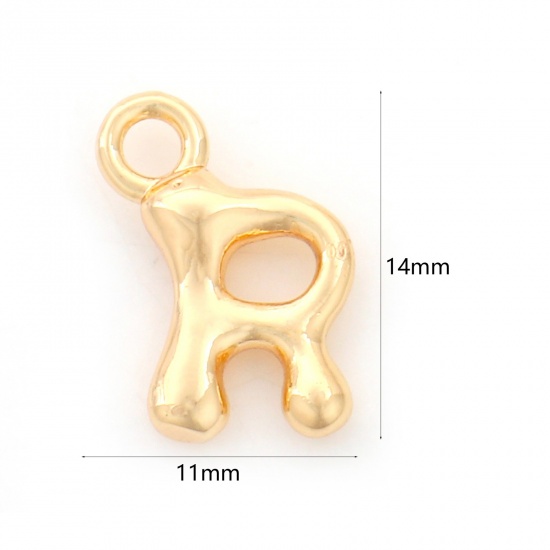 Picture of Brass Charms 18K Real Gold Plated Capital Alphabet/ Letter Message " R " 14mm x 11mm, 3 PCs