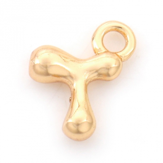 Picture of Brass Charms 18K Real Gold Plated Capital Alphabet/ Letter Message " T " 13mm x 11mm, 3 PCs