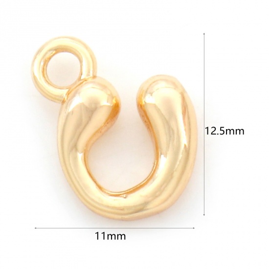 Picture of Brass Charms 18K Real Gold Plated Capital Alphabet/ Letter Message " U " 12.5mm x 11mm, 3 PCs