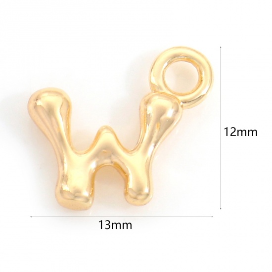 Picture of Brass Charms 18K Real Gold Plated Capital Alphabet/ Letter Message " W " 13mm x 12mm, 3 PCs