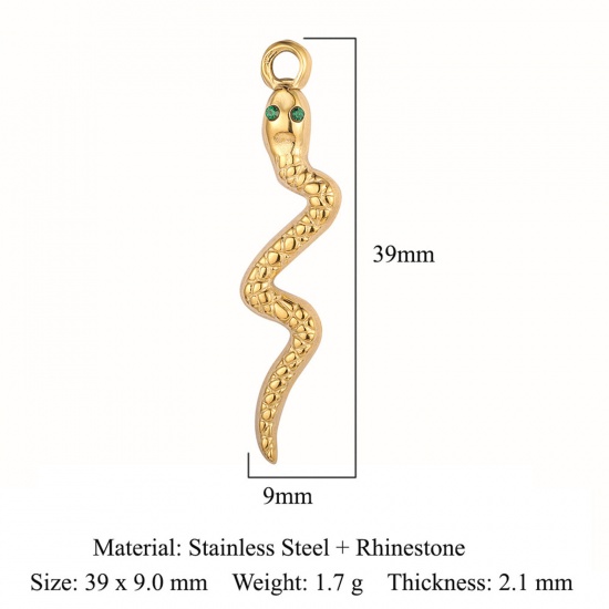 Picture of Eco-friendly Vacuum Plating 304 Stainless Steel Pendants 18K Gold Color Snake Animal Green Rhinestone 39mm x 9mm, 1 Piece