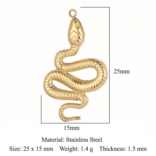 Picture of Eco-friendly Vacuum Plating 304 Stainless Steel Charms 18K Gold Color Snake Animal 25mm x 15mm, 1 Piece