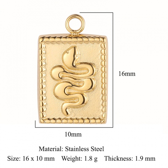 Picture of Eco-friendly Vacuum Plating 304 Stainless Steel Charms 18K Gold Color Rectangle Snake 16mm x 10mm, 1 Piece