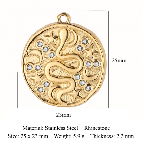 Picture of Eco-friendly Vacuum Plating 304 Stainless Steel Charms 18K Gold Color Flat Round Snake Clear Rhinestone 25mm x 23mm, 1 Piece