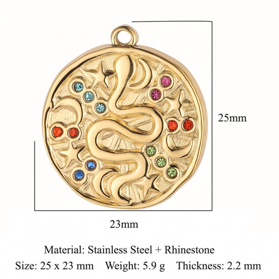 Picture of Eco-friendly Vacuum Plating 304 Stainless Steel Charms 18K Gold Color Flat Round Snake Multicolor Rhinestone 25mm x 23mm, 1 Piece