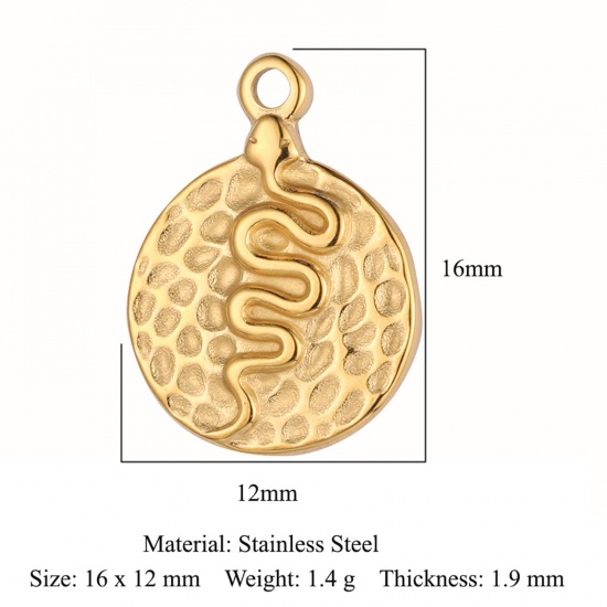 Picture of Eco-friendly Vacuum Plating 304 Stainless Steel Charms 18K Gold Color Flat Round Snake 16mm x 12mm, 1 Piece