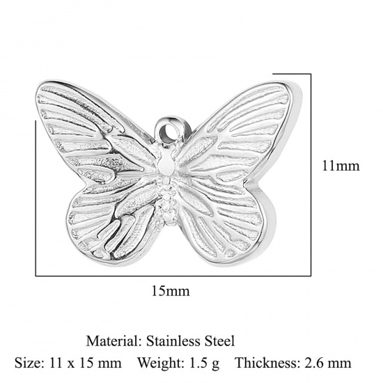 Picture of Eco-friendly 304 Stainless Steel Insect Charms Silver Tone Butterfly Animal 15mm x 11mm, 1 Piece
