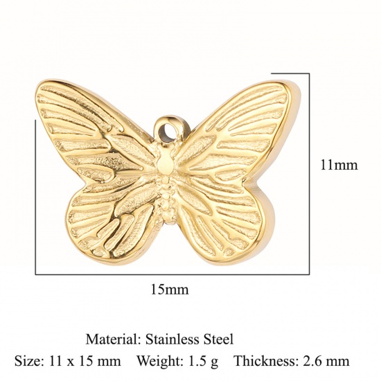 Picture of Eco-friendly Vacuum Plating 304 Stainless Steel Insect Charms 18K Gold Color Butterfly Animal 15mm x 11mm, 1 Piece