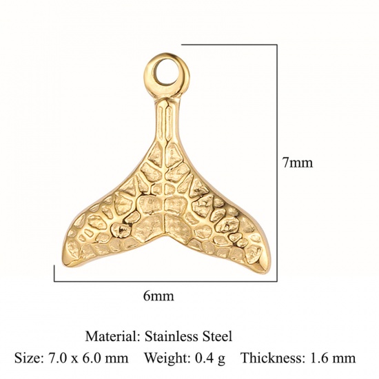 Picture of Eco-friendly Vacuum Plating 304 Stainless Steel Ocean Jewelry Charms 18K Gold Color Fishtail 7mm x 6mm, 1 Piece