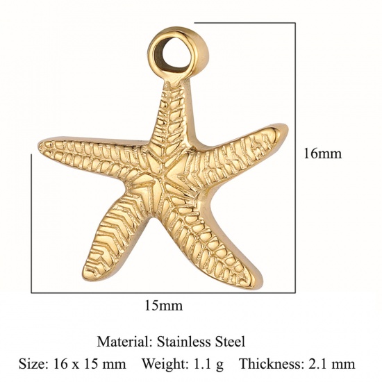 Picture of Eco-friendly Vacuum Plating 304 Stainless Steel Ocean Jewelry Charms 18K Gold Color Star Fish 16mm x 15mm, 1 Piece