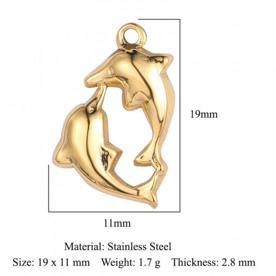 Picture of Eco-friendly Vacuum Plating 304 Stainless Steel Ocean Jewelry Charms 18K Gold Color Dolphin Animal 19mm x 11mm, 1 Piece