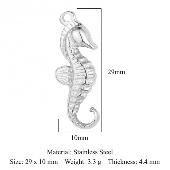 Picture of Eco-friendly 304 Stainless Steel Ocean Jewelry Charms Silver Tone Seahorse Animal 29mm x 10mm, 1 Piece