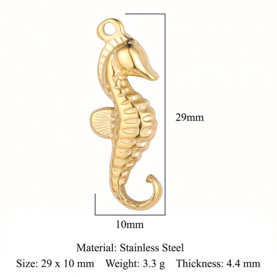 Picture of Eco-friendly Vacuum Plating 304 Stainless Steel Ocean Jewelry Charms 18K Gold Color Seahorse Animal 29mm x 10mm, 1 Piece