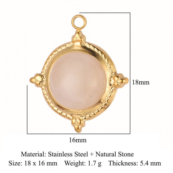 Picture of Eco-friendly Vacuum Plating 304 Stainless Steel Charms 18K Gold Color Light Pink Round 18mm x 16mm, 1 Piece