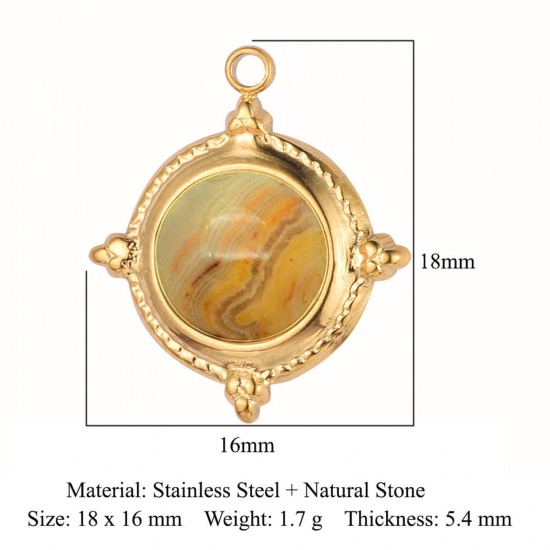 Picture of Eco-friendly Vacuum Plating 304 Stainless Steel Charms 18K Gold Color Brown Round 18mm x 16mm, 1 Piece