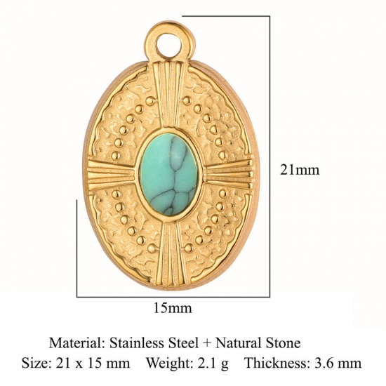 Picture of Eco-friendly Vacuum Plating 304 Stainless Steel Charms 18K Gold Color Green Oval 21mm x 15mm, 1 Piece