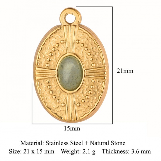 Picture of Eco-friendly Vacuum Plating 304 Stainless Steel Charms 18K Gold Color Dark Green Oval 21mm x 15mm, 1 Piece