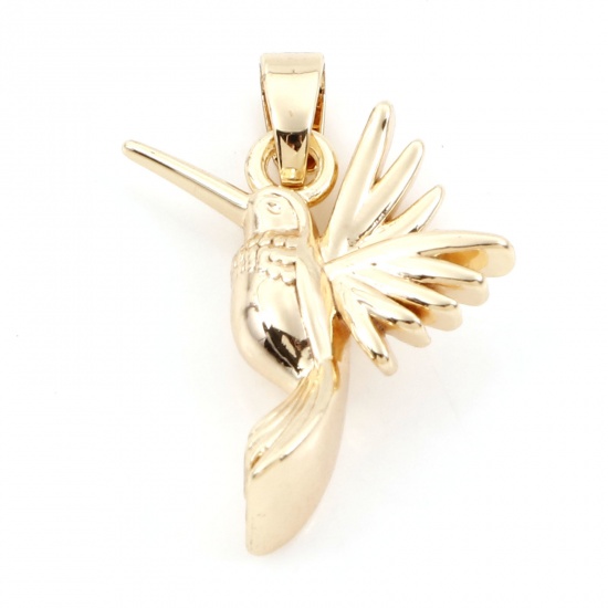 Imagen de 2 Unidades Latón Colgantes Charms Hummingbird 18K Oro Real Chapado 3D 23mm x 16mm