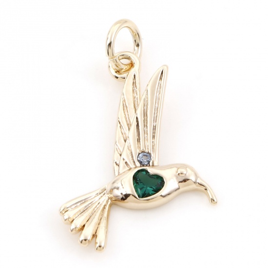 Imagen de Latón Colgantes Charms Hummingbird 18K Oro Real Chapado Verde Circón Artificial 24mm x 16mm, 2 Unidades