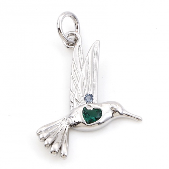 Imagen de Latón Colgantes Charms Hummingbird Platino Real Chapado Verde Circón Artificial 24mm x 16mm, 2 Unidades