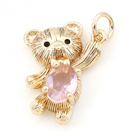 Image de Breloques en Laiton Ours Plaqué Or Véritable 18K à Zircone Cubique Rose Clair 22mm x 13mm, 2 Pcs