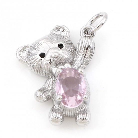 Image de Breloques en Laiton Ours Plaqué Platine Véritable à Zircone Cubique Rose Clair 22mm x 13mm, 2 Pcs