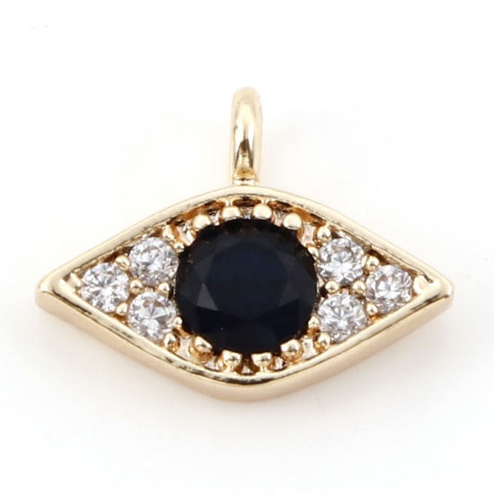 Image de Breloques Micro Pave en Laiton œil Plaqué Or Véritable 18K à Zircone Cubique Clair & Noir 12mm x 9mm, 2 Pcs