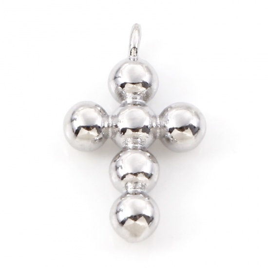 Picture of Brass Religious Charms Real Platinum Plated Cross Dot 14mm x 9mm, 2 PCs