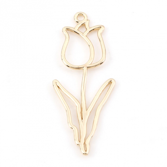 Picture of Brass Pendants 18K Real Gold Plated Flower Tulip Flower Hollow 3.8cm x 1.5cm, 2 PCs