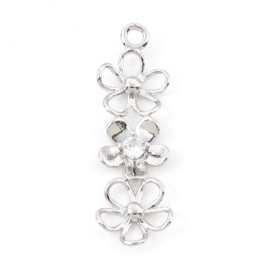 Picture of Brass Charms Real Platinum Plated Flower Hollow Clear Cubic Zirconia 28mm x 9mm, 2 PCs