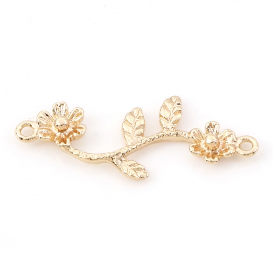 Immagine di Ottone Pendenti Charms Connettori Accessori Le foglie del Fiore 18K Vero Oro Placcato 3D 26mm x 11mm, 5 Pz