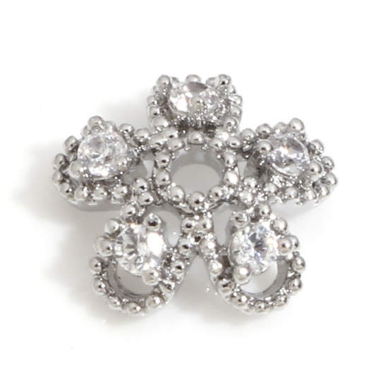 Immagine di Ottone Coppette Copriperla Fiore Platino Placcato Micro Spianare Trasparente Cubic Zirconiae (Adatto 10mm Perline) 9mm x 8mm, 3 Pz                                                                                                                            