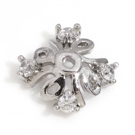 Immagine di Ottone Coppette Copriperla Fiore Platino Placcato Micro Spianare Trasparente Cubic Zirconiae (Adatto 10mm Perline) 7.5mm x 7.5mm, 3 Pz                                                                                                                        