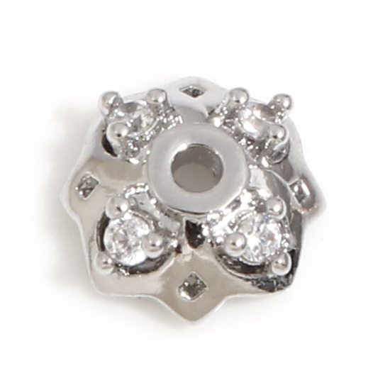 Immagine di Ottone Coppette Copriperla Fiore Platino Placcato Micro Spianare Trasparente Cubic Zirconiae (Adatto 8mm Perline) 7mm x 7mm, 3 Pz                                                                                                                             