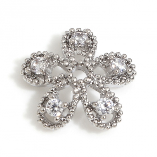 Immagine di Ottone Coppette Copriperla Fiore Platino Placcato Micro Spianare Trasparente Cubic Zirconiae (Adatto 14mm Perline) 11.5mm x 11.5mm, 3 Pz                                                                                                                      