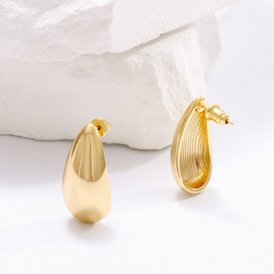 Immagine di Squisito Elegante Orecchini a Perno All'Ingrosso, Goccia 18K Vero Oro Placcato Ottone, Donne Ecologico Regalo Fornitura di Gioielli, 28mm x 13.5mm, 1 Paio