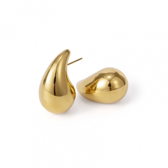 Immagine di Squisito Elegante Orecchini a Perno All'Ingrosso, Goccia 18K Vero Oro Placcato 316 Acciaio inossidabile, Donne PVD Ecologica Impermeabile Anti-Ossidante Ipoallergenico Regalo Fornitura di Gioielli, 31.5mm x 17mm, 1 Paio