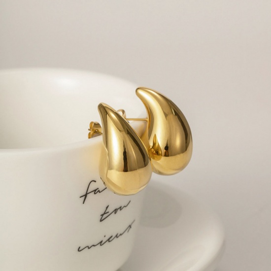 Immagine di Squisito Elegante Orecchini a Perno All'Ingrosso, Goccia 18K Vero Oro Placcato 316 Acciaio inossidabile, Donne PVD Ecologica Impermeabile Anti-Ossidante Ipoallergenico Regalo Fornitura di Gioielli, 31.5mm x 17mm, 1 Paio