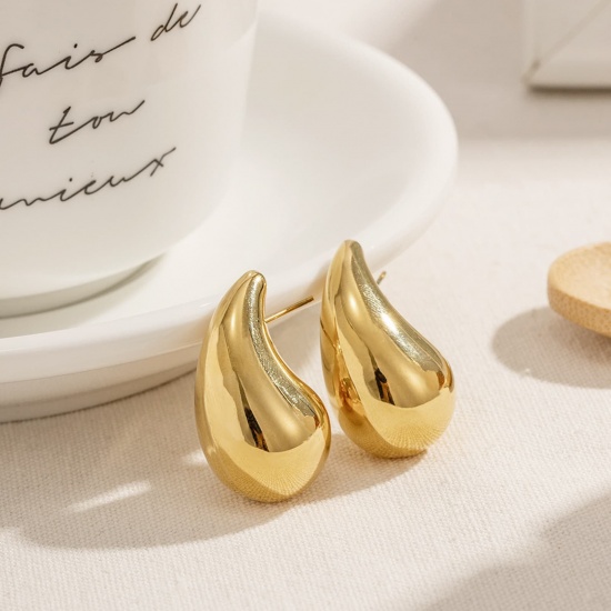 Immagine di Squisito Elegante Orecchini a Perno All'Ingrosso, Goccia 18K Vero Oro Placcato 316 Acciaio inossidabile, Donne PVD Ecologica Impermeabile Anti-Ossidante Ipoallergenico Regalo Fornitura di Gioielli, 31.5mm x 17mm, 1 Paio