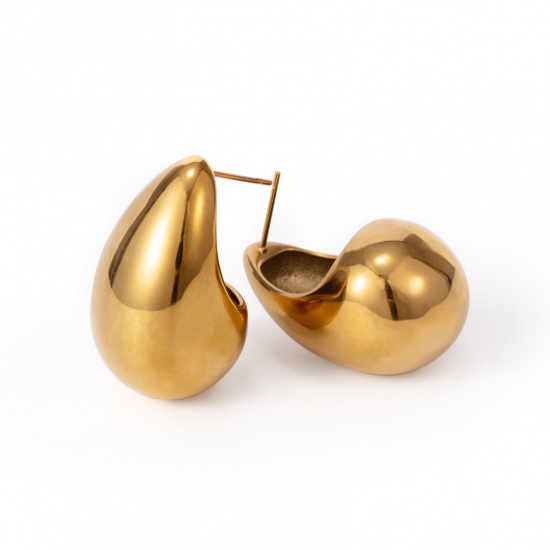 Immagine di Squisito Elegante Orecchini a Perno All'Ingrosso, Goccia 18K Vero Oro Placcato 316 Acciaio inossidabile, Donne PVD Ecologica Impermeabile Anti-Ossidante Ipoallergenico Regalo Fornitura di Gioielli, 32mm x 19mm, 1 Paio