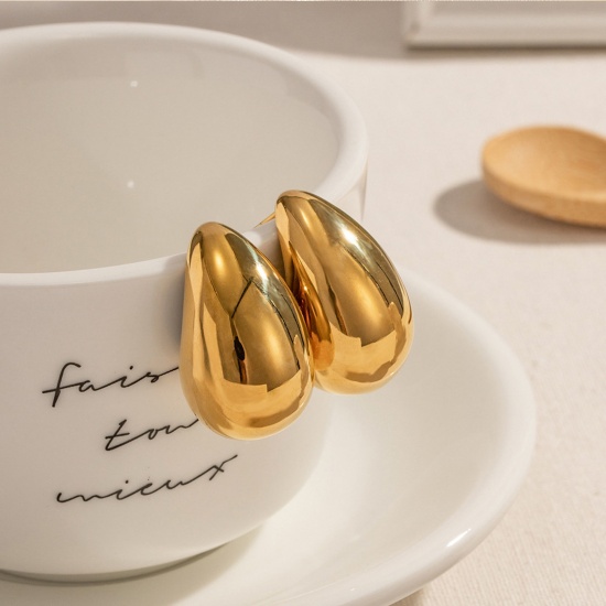 Immagine di Squisito Elegante Orecchini a Perno All'Ingrosso, Goccia 18K Vero Oro Placcato 316 Acciaio inossidabile, Donne PVD Ecologica Impermeabile Anti-Ossidante Ipoallergenico Regalo Fornitura di Gioielli, 32mm x 19mm, 1 Paio