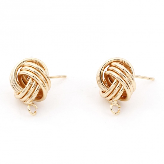 Picture of Brass Ear Post Stud Earrings 18K Real Gold Plated Ball Of Yarn With Loop 16mm x 13mm, Post/ Wire Size: (21 gauge), 2 PCs                                                                                                                                      