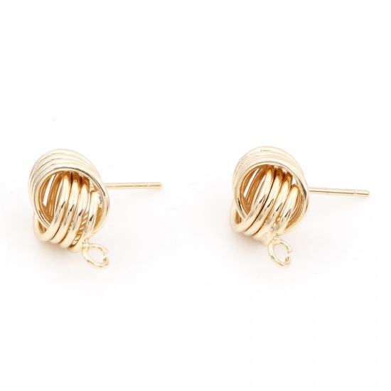 Picture of Brass Ear Post Stud Earrings 18K Real Gold Plated Ball Of Yarn With Loop 15.5mm x 11mm, Post/ Wire Size: (21 gauge), 2 PCs                                                                                                                                    